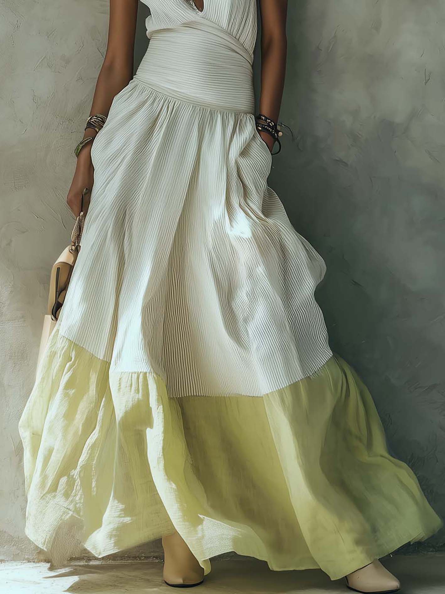 White V-Neck Sleeveless Maxi Dress With Chiffon Patchwork Hem