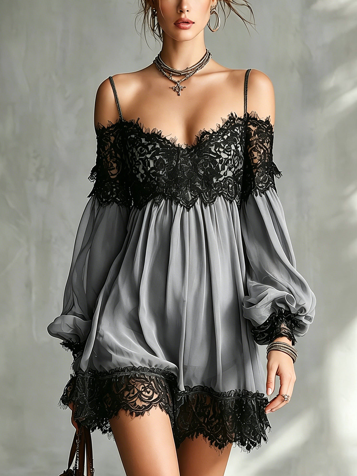 Green Off-Shoulder Chiffon Mini Dress With Black Lace Trim