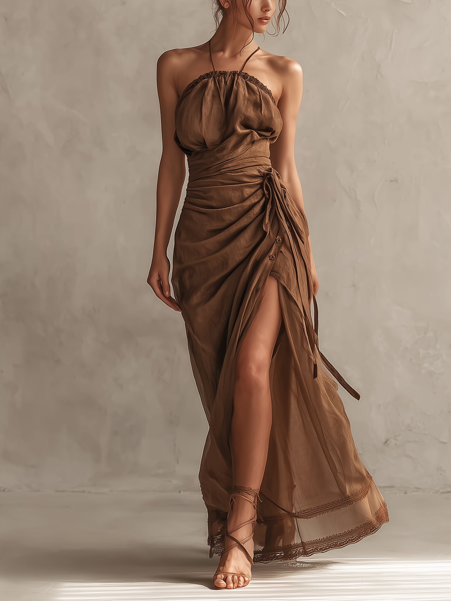 Brown Linen High Slit Halter Maxi Dress