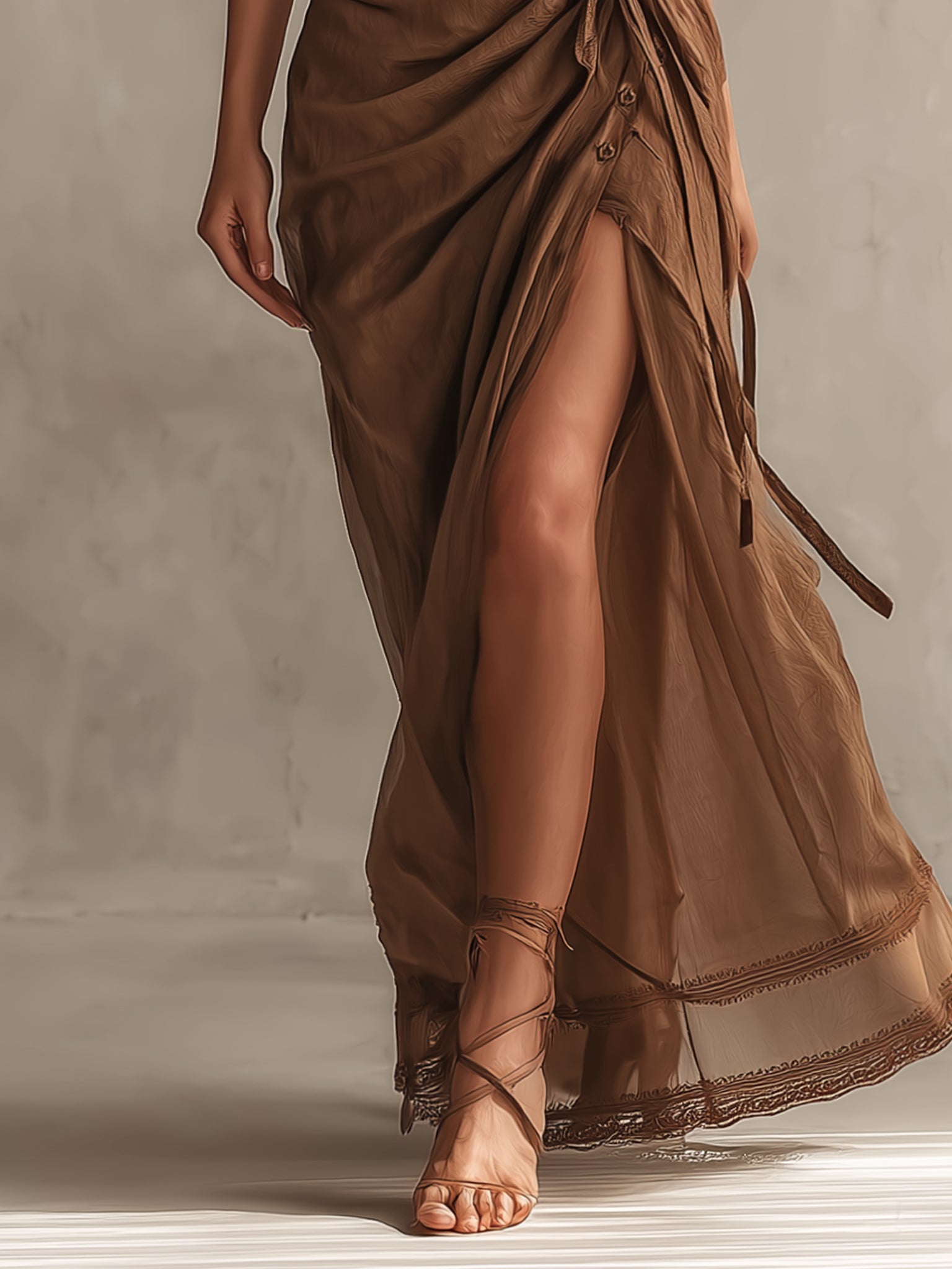 Brown Linen High Slit Halter Maxi Dress