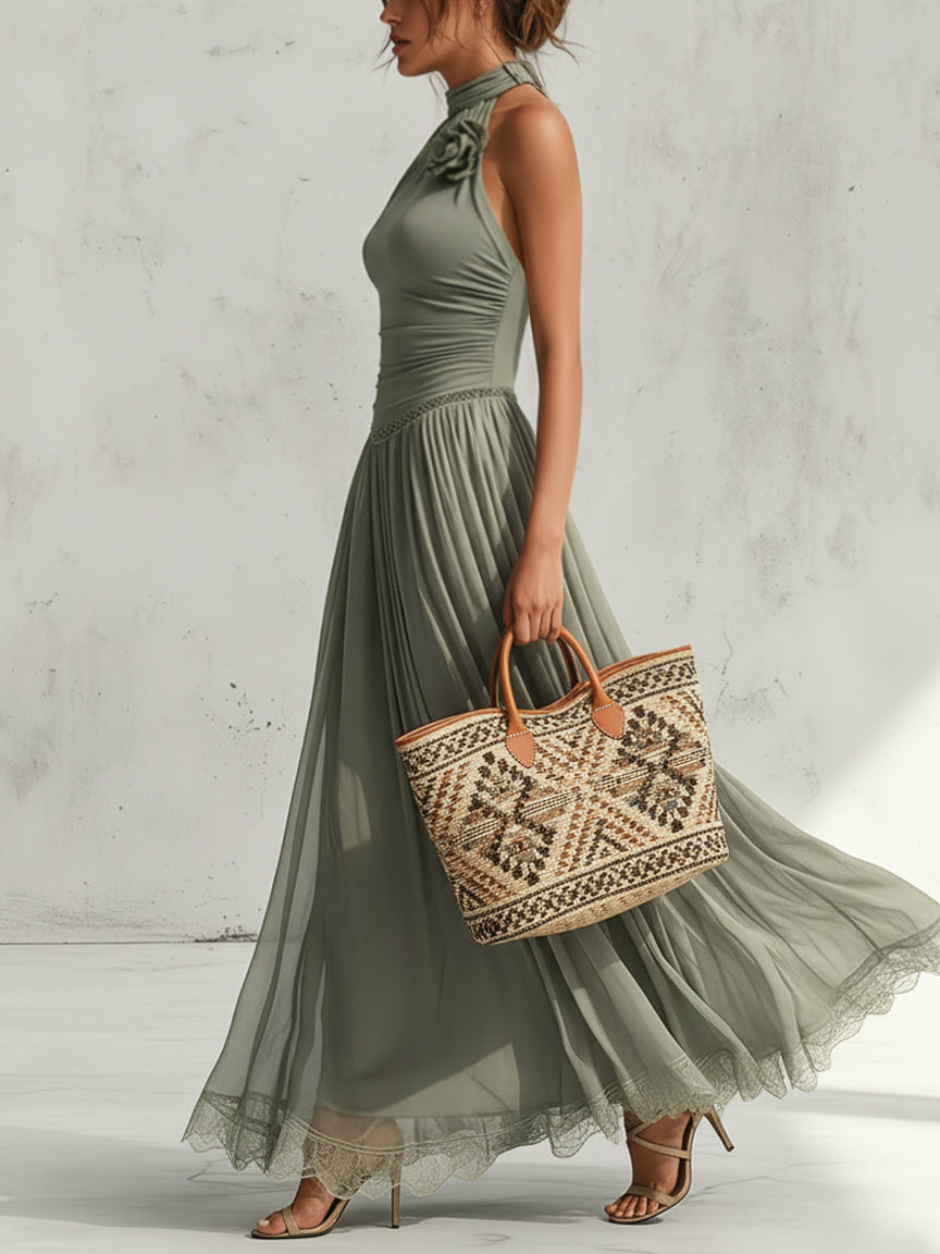 Sage Green Chiffon Halter Maxi Dress