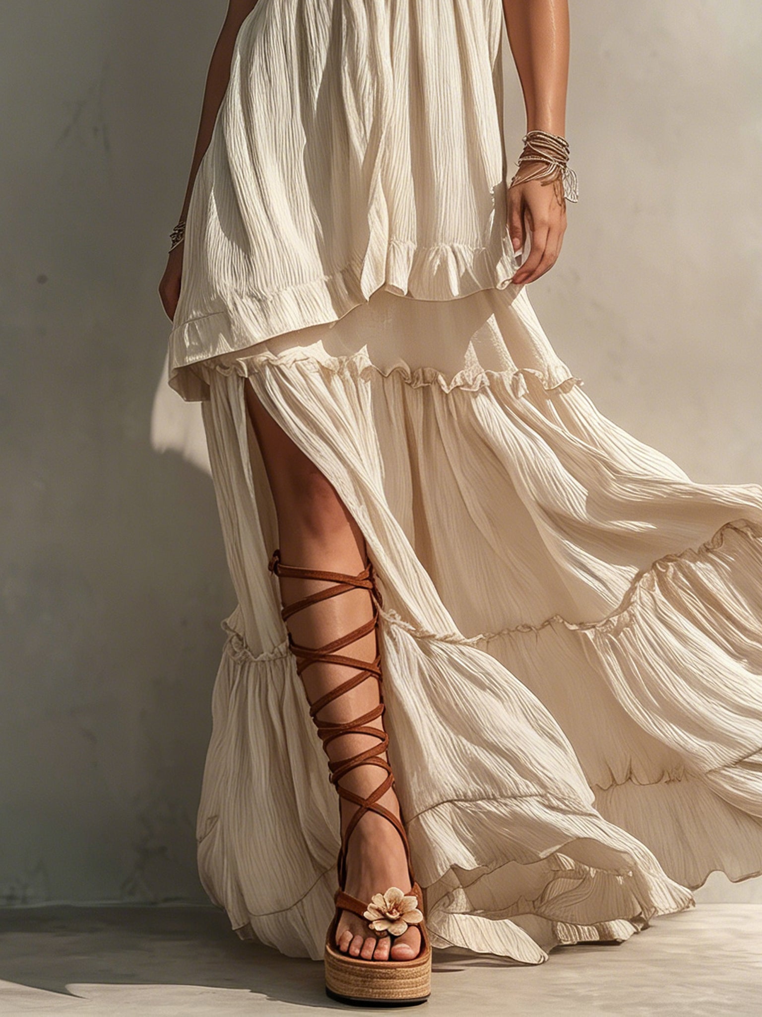 Beige Pleated Chiffon Sleeveless Slit Maxi Dress