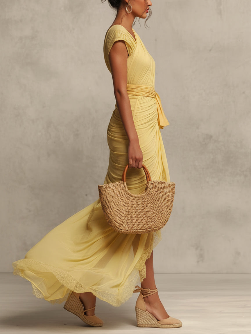 Yellow Lace Cutout Stretch Bodycon Dress