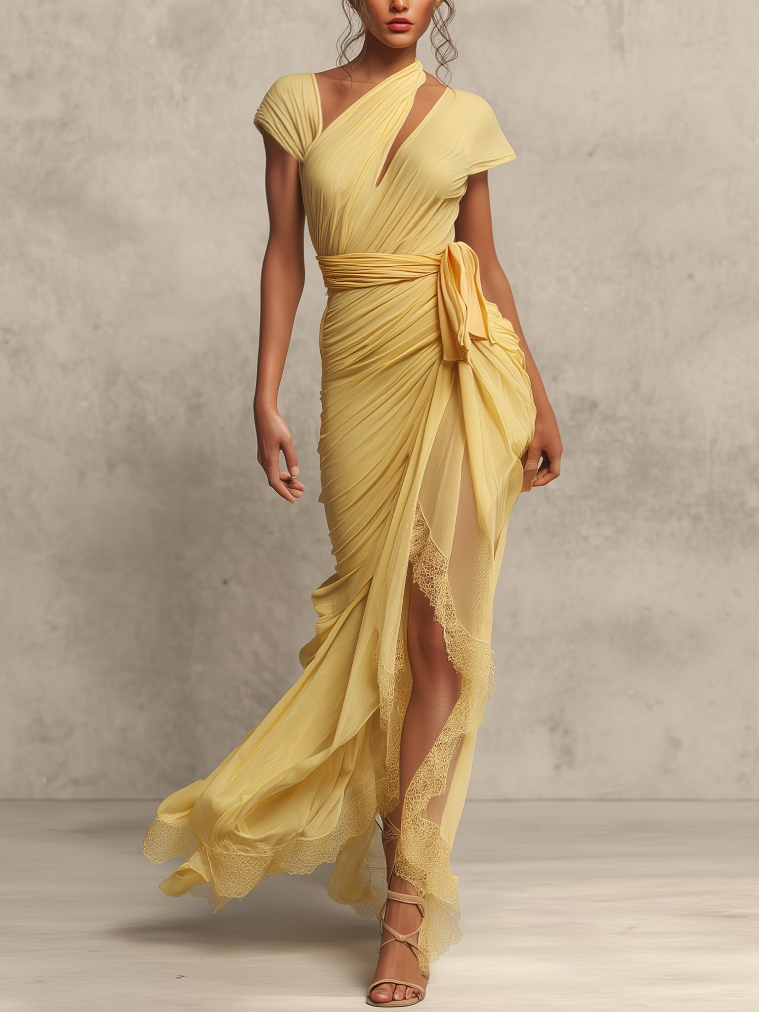 Yellow Lace Cutout Stretch Bodycon Dress