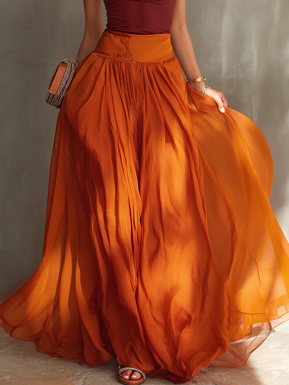 Red Sleeveless Top And Flowing Chiffon Maxi Skirt Set