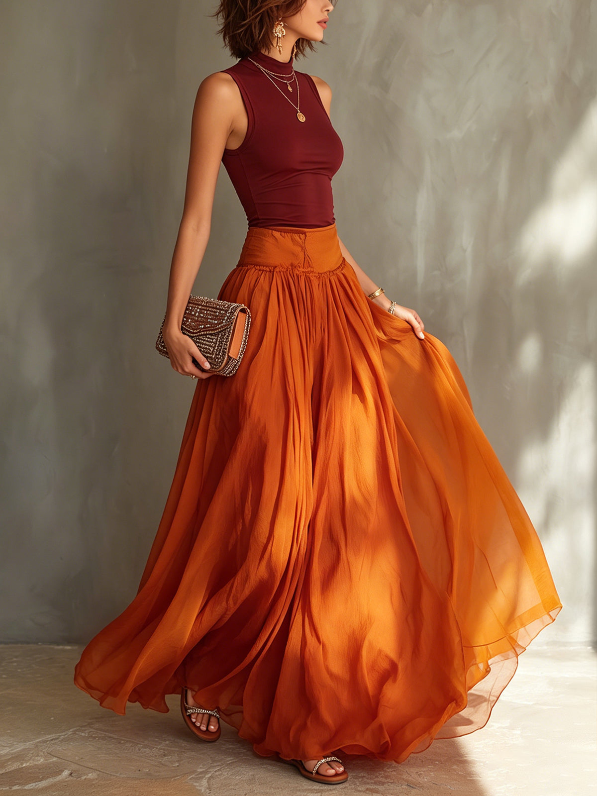 Red Sleeveless Top And Flowing Chiffon Maxi Skirt Set