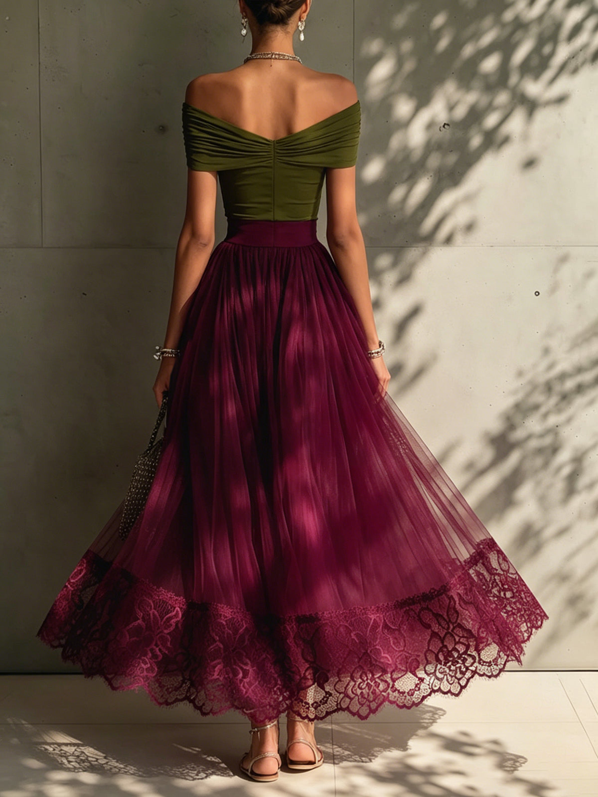 Olive Off Shoulder Top And Plum Lace Tulle Maxi Skirt Set