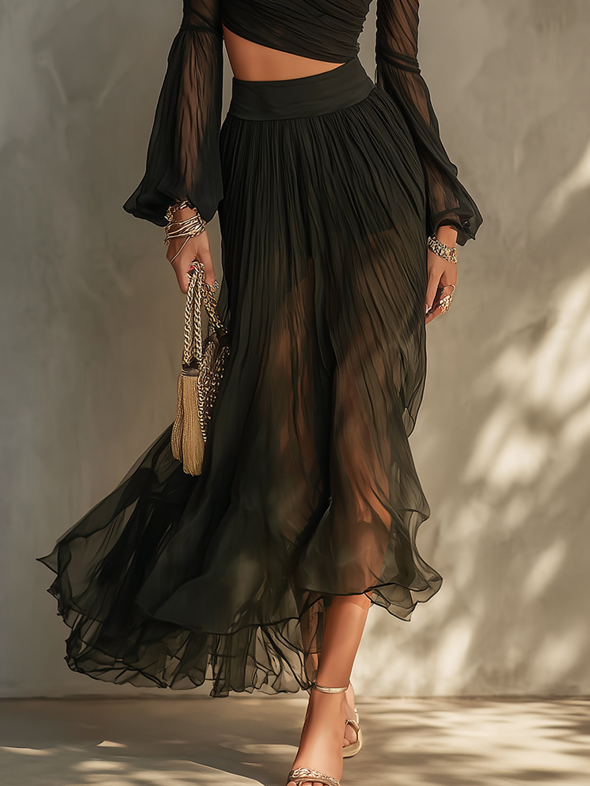 Black Sheer Off Shoulder Chiffon Two-Piece Set