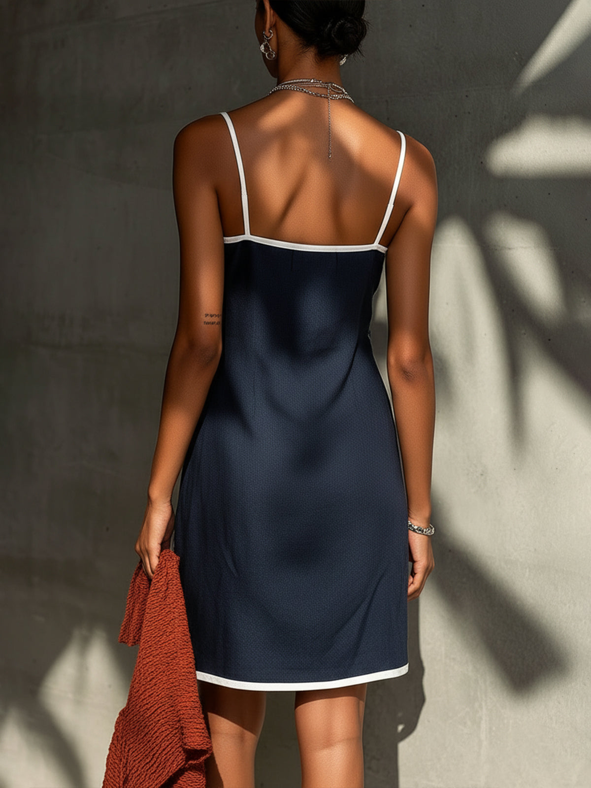 Navy Embroidered Spaghetti Strap Contrast Trim Mini Dress