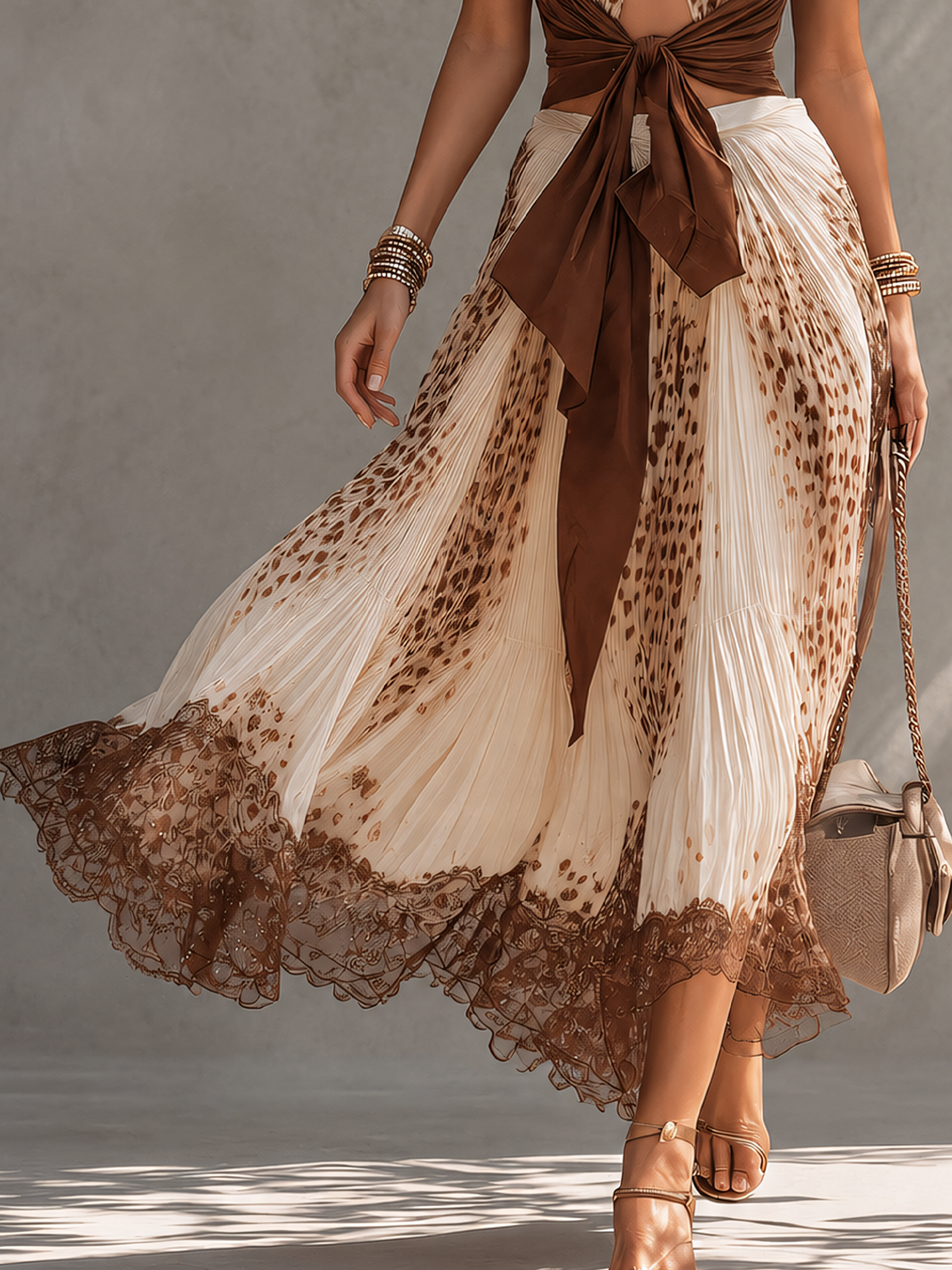 Beige Gradient Leopard Print Halter Top And Lace Hem Pleated Skirt Set