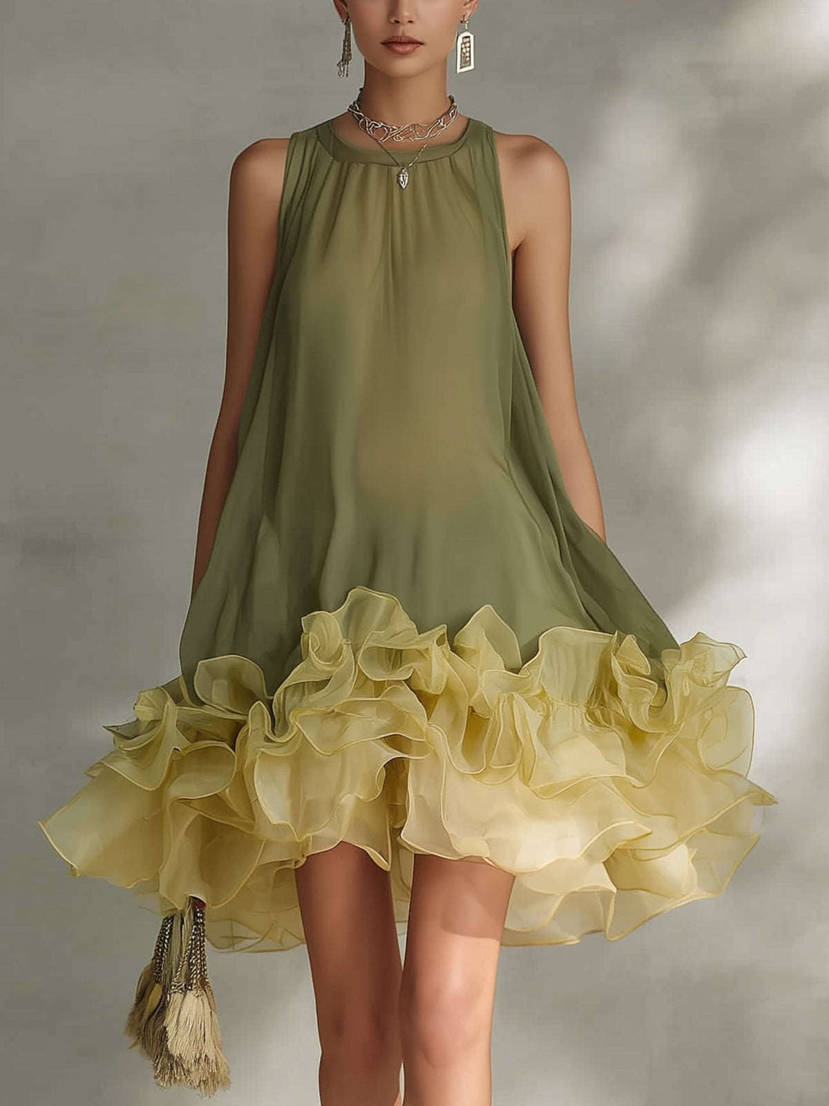 Olive Ruffled Chiffon Mini Dress