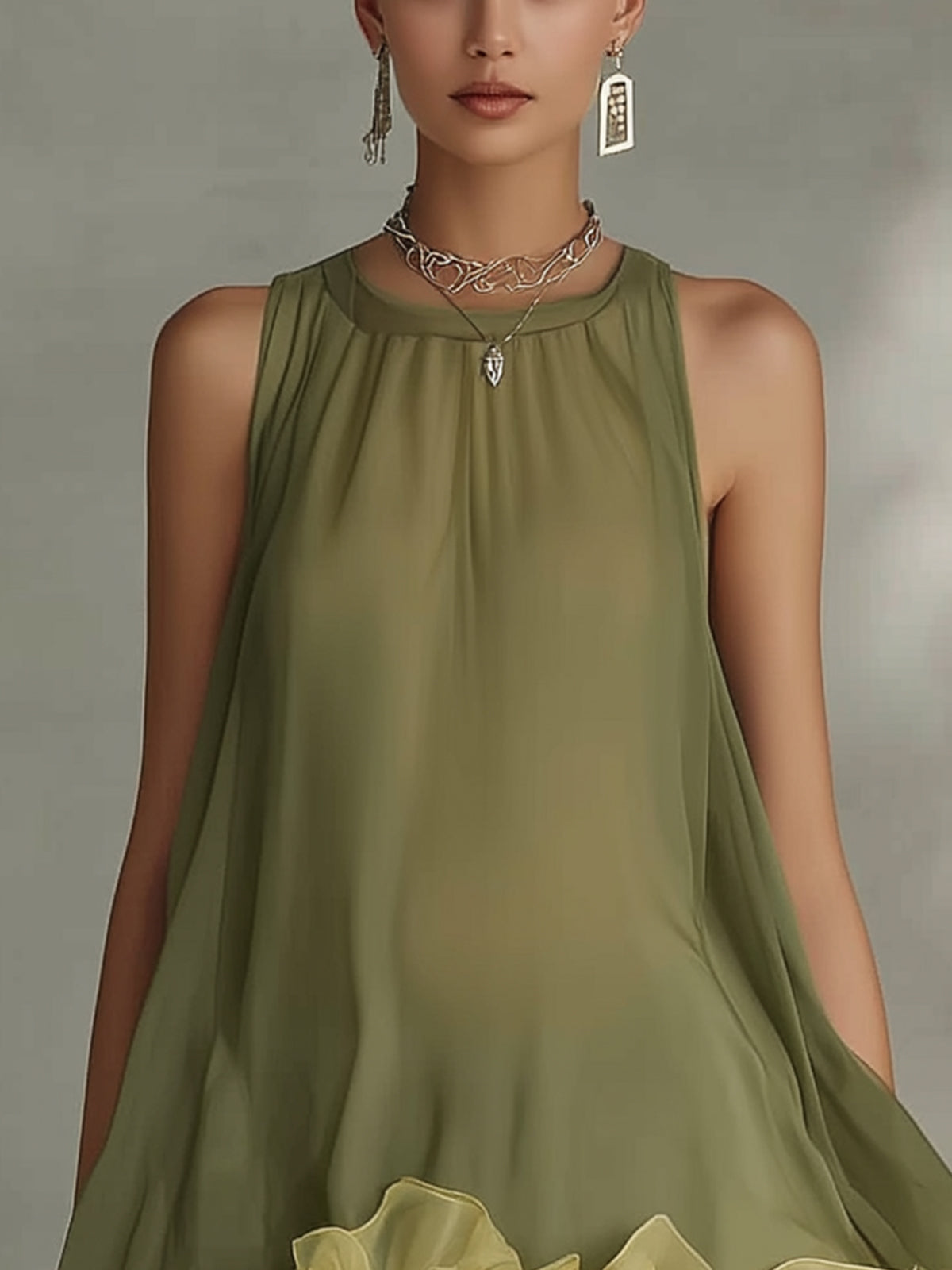 Olive Ruffled Chiffon Mini Dress