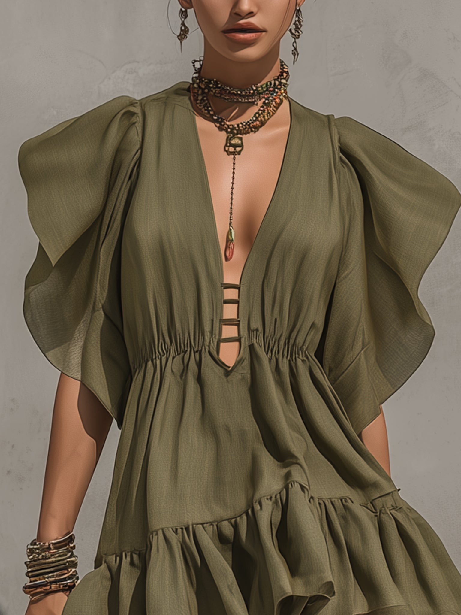 Olive Tencel Linen Blend Deep V-Neck Mini Dress