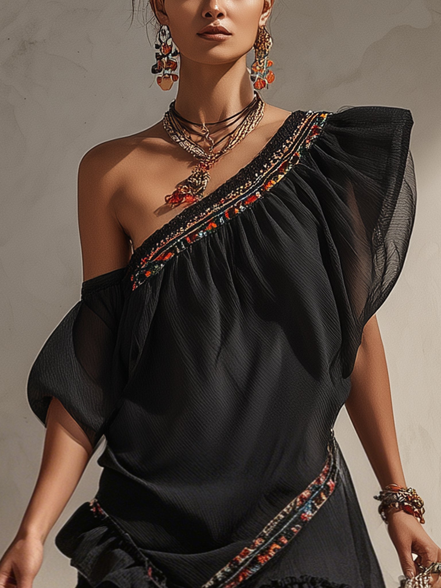 Black Asymmetric Chiffon Embroidered Mini Dress
