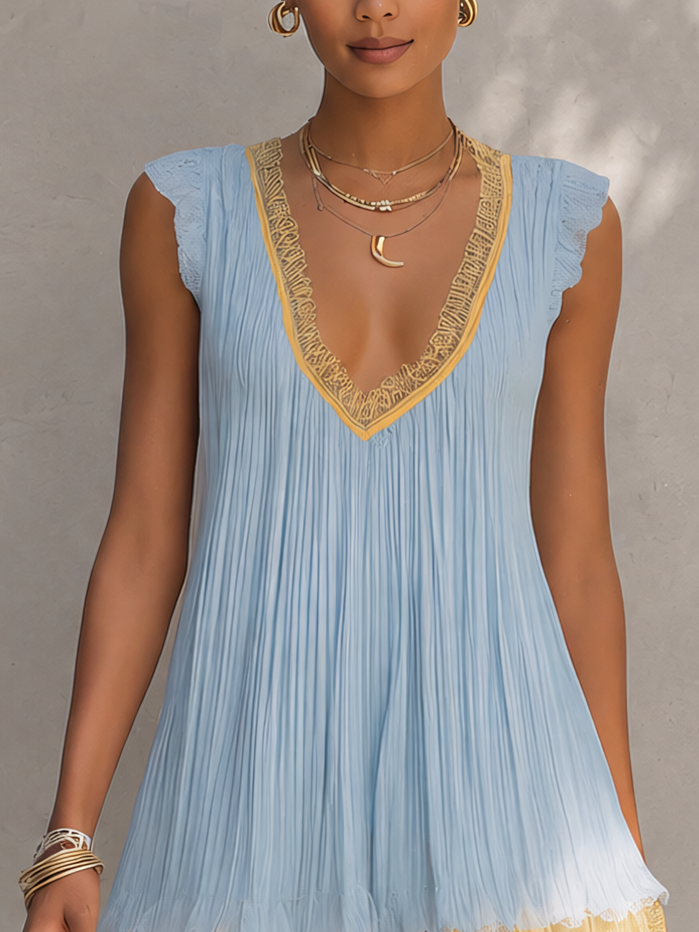 Blue Pleated Chiffon Mini Dress With Yellow Lace Trim