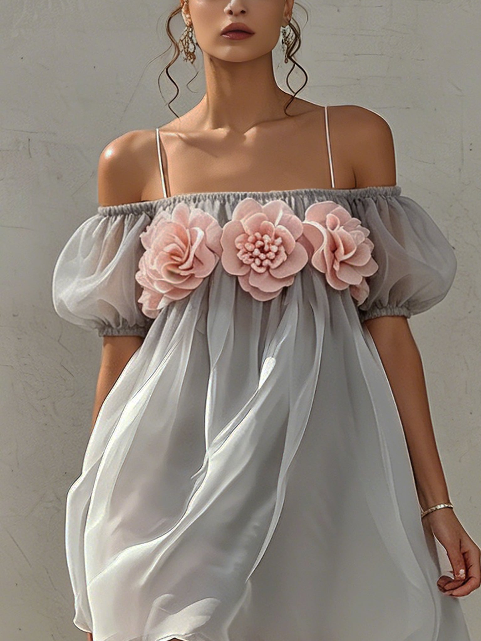Light Gray Organza Pink 3D Floral Mini Dress