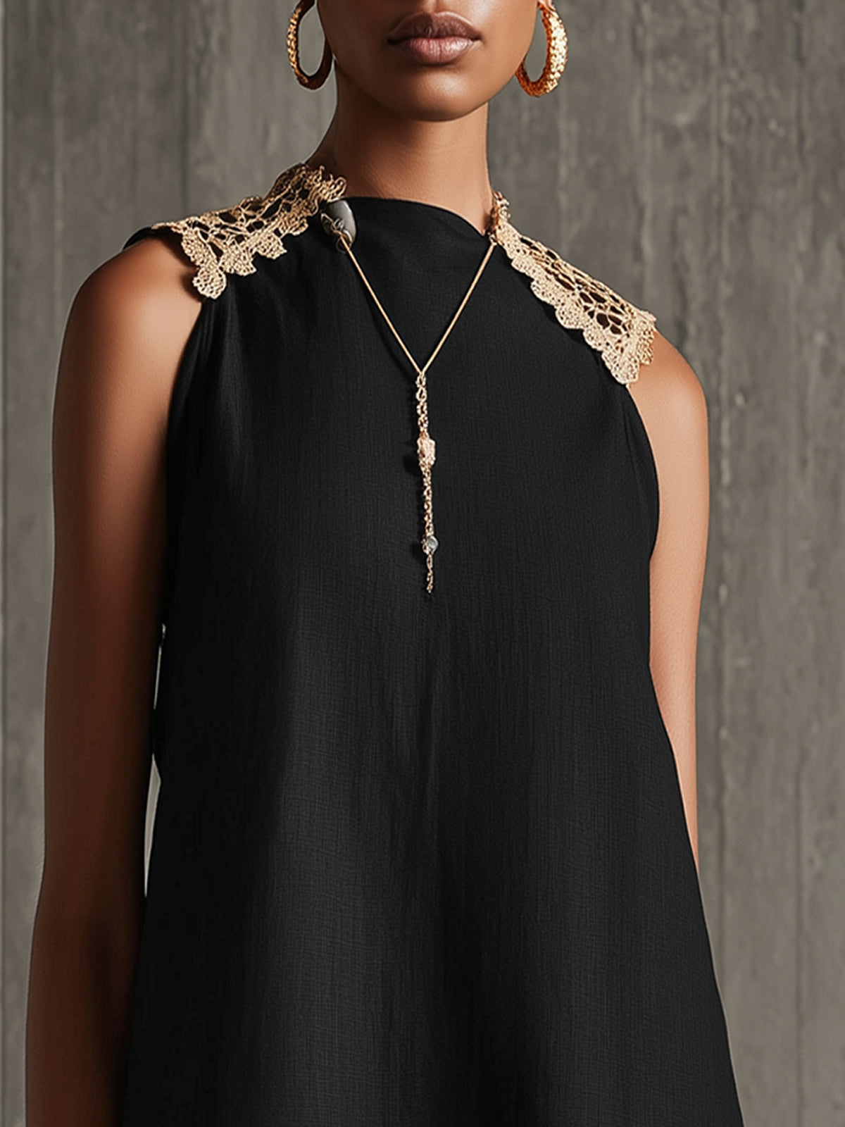 Black A-Line Mini Dress With Gold Crochet Trim