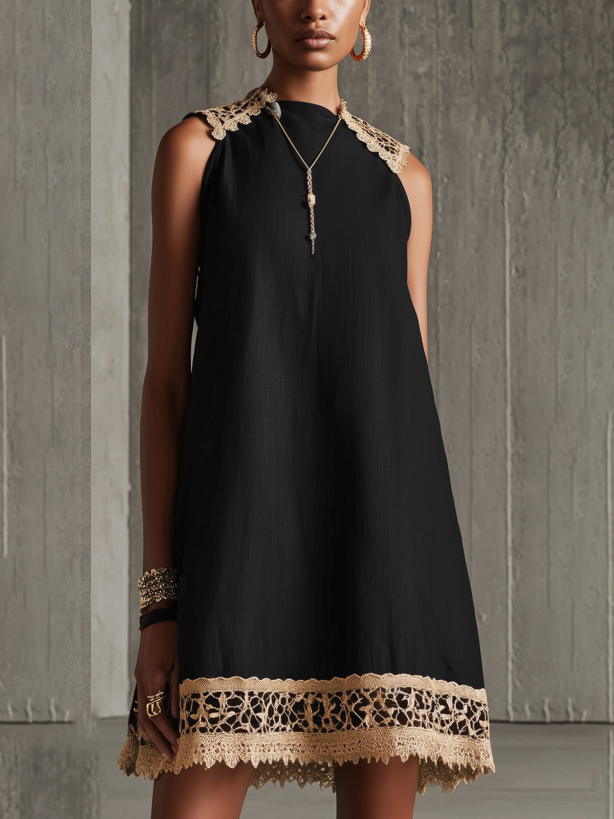 Black A-Line Mini Dress With Gold Crochet Trim