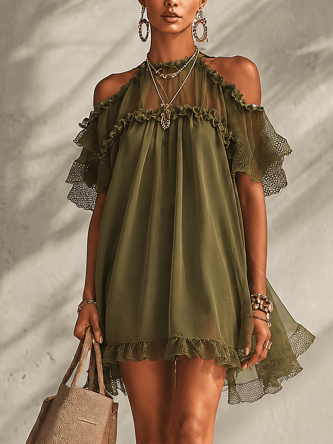 Olive Green Cold Shoulder Ruffle Chiffon Patchwork Mini Dress