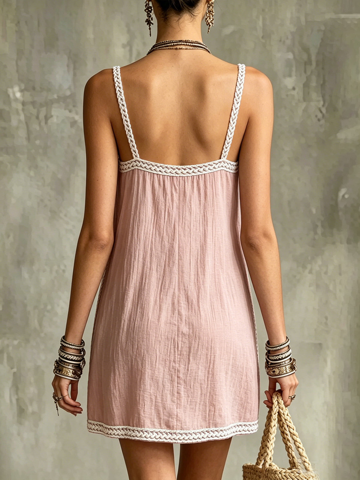 Olive Green Spaghetti Strap Mini Dress With Trim