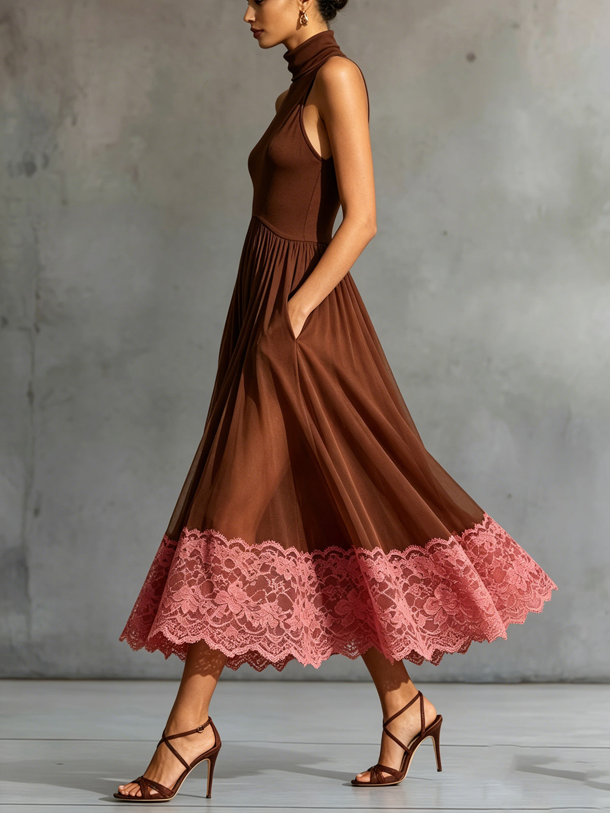 Brown High-Neck Mesh Midi Dress With Pink Lace Hem