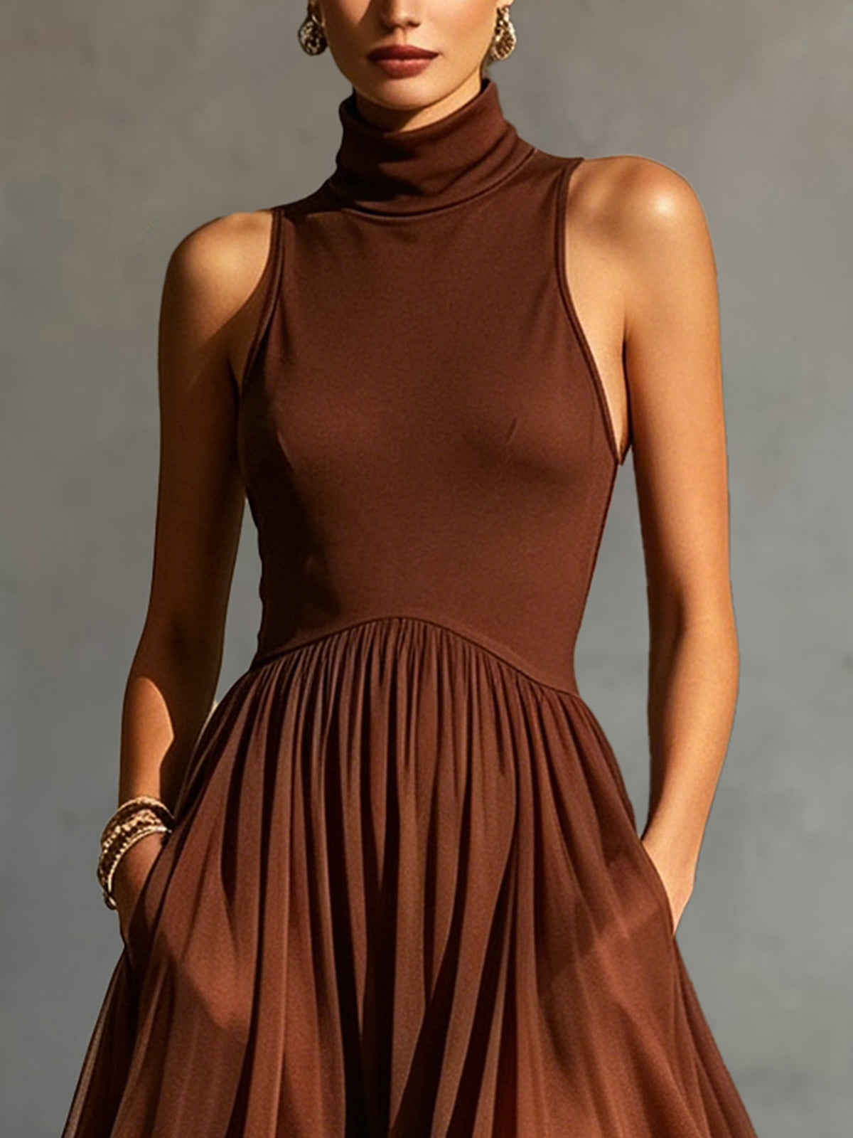 Brown High-Neck Mesh Midi Dress With Pink Lace Hem