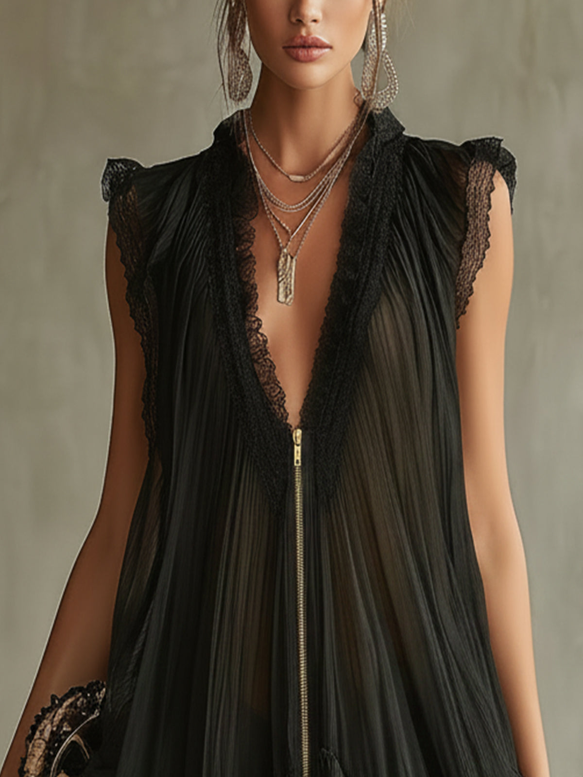 Black Pleated Chiffon Lace-Trim Mini Dress With Front Zip