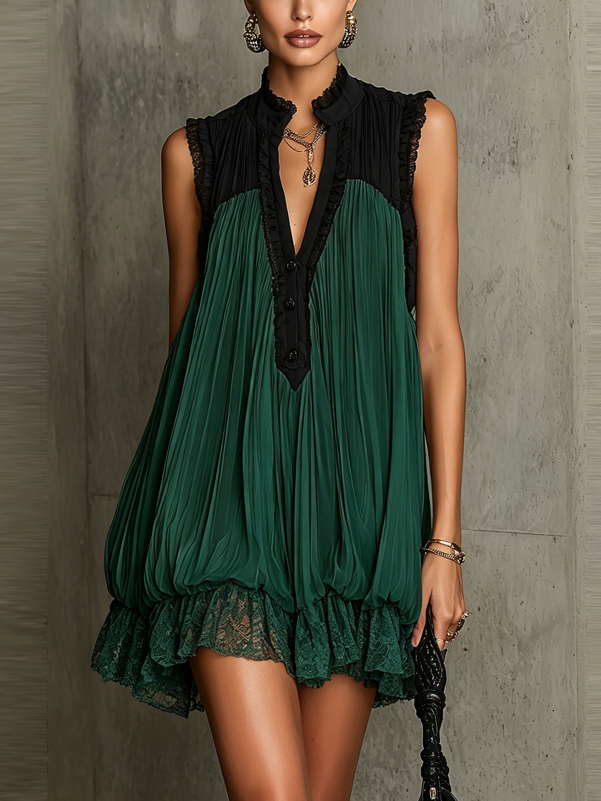 Green Pleated Chiffon Mini Dress With Black Lace Trim