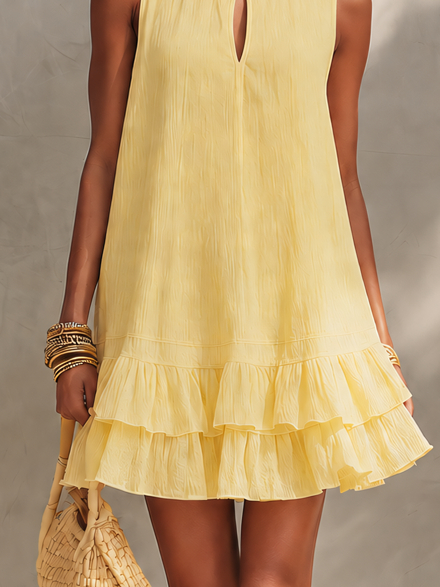 Light Yellow Textured Sleeveless Mini Dress With Ruffle Hem