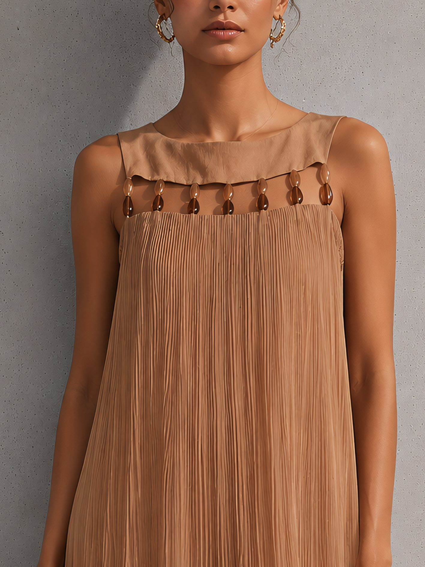 Camel Pleated Chiffon Beaded Panel Mini Dress