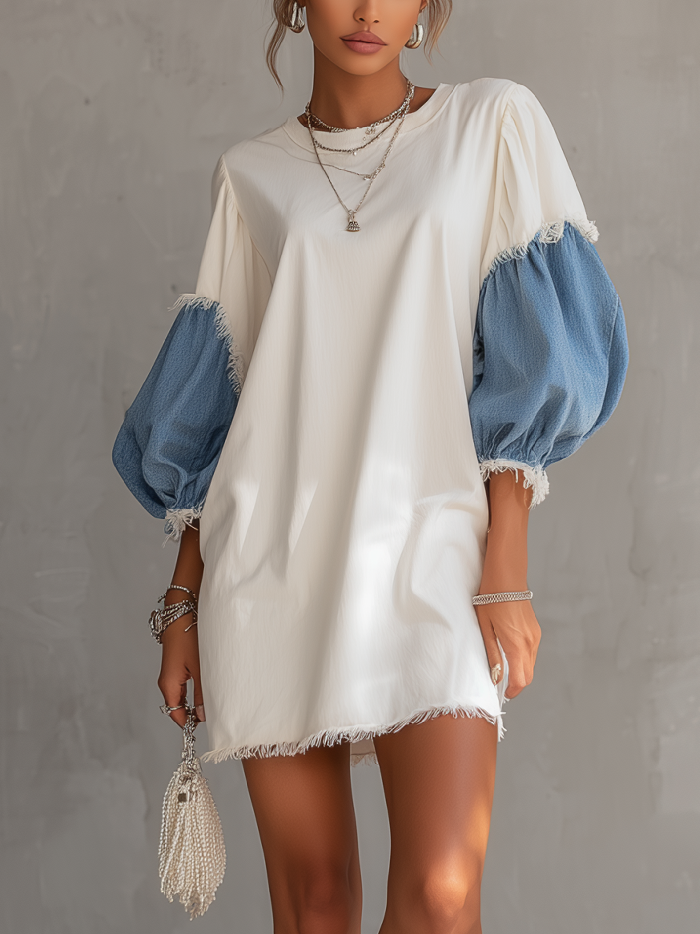 White Contrast Denim Sleeve Frayed Hem Mini Dress