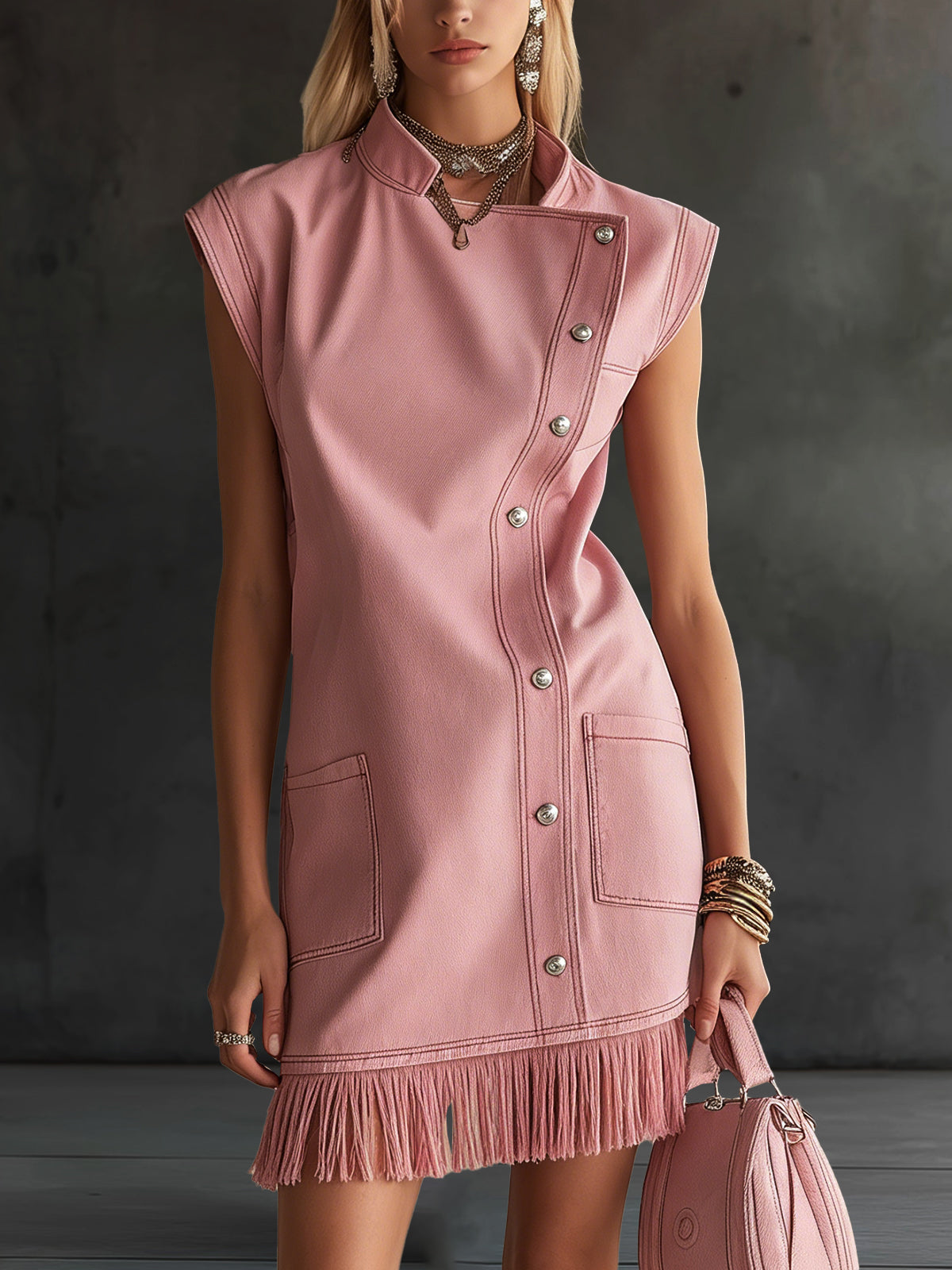 Pink Button-Front Denim Mini Dress With Fringe Hem
