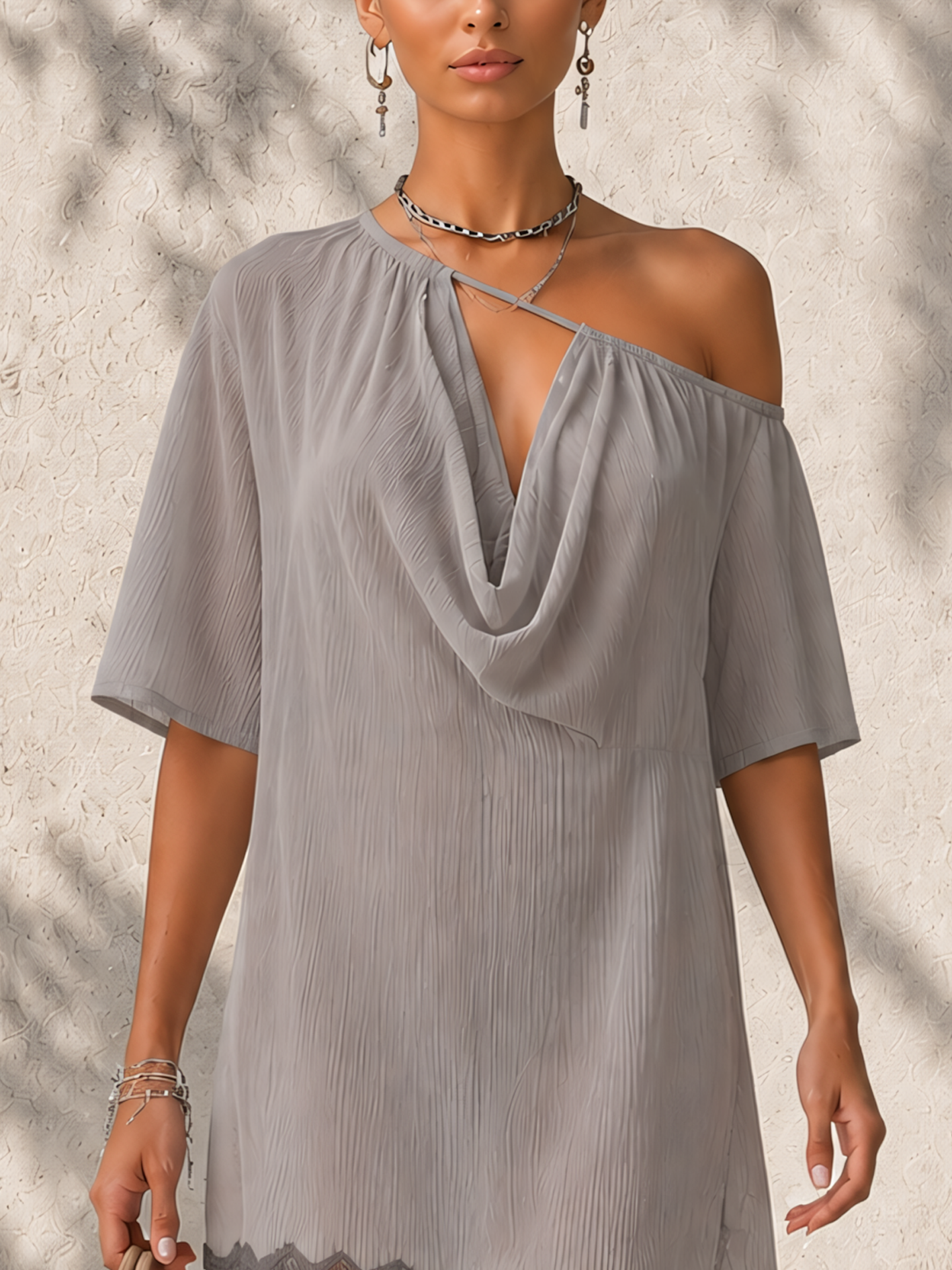 Gray Chiffon One Shoulder Cowl Neck Lace Hem Mini Dress