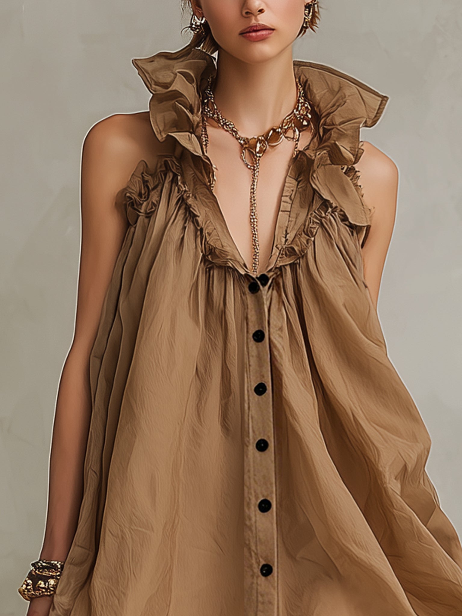 Brown Sheer Linen Blend Sleeveless Mini Dress