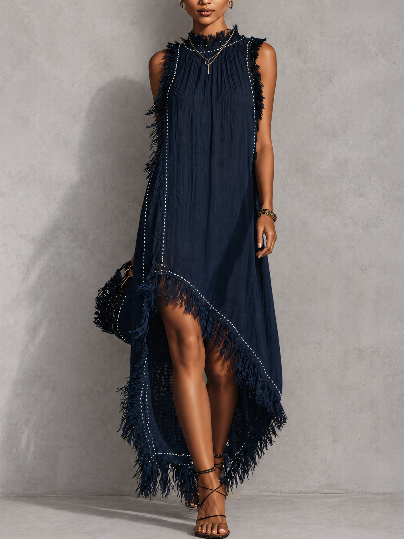 Navy Blue Sleeveless Tassel Trim Maxi Dress With Ribbon Detailing