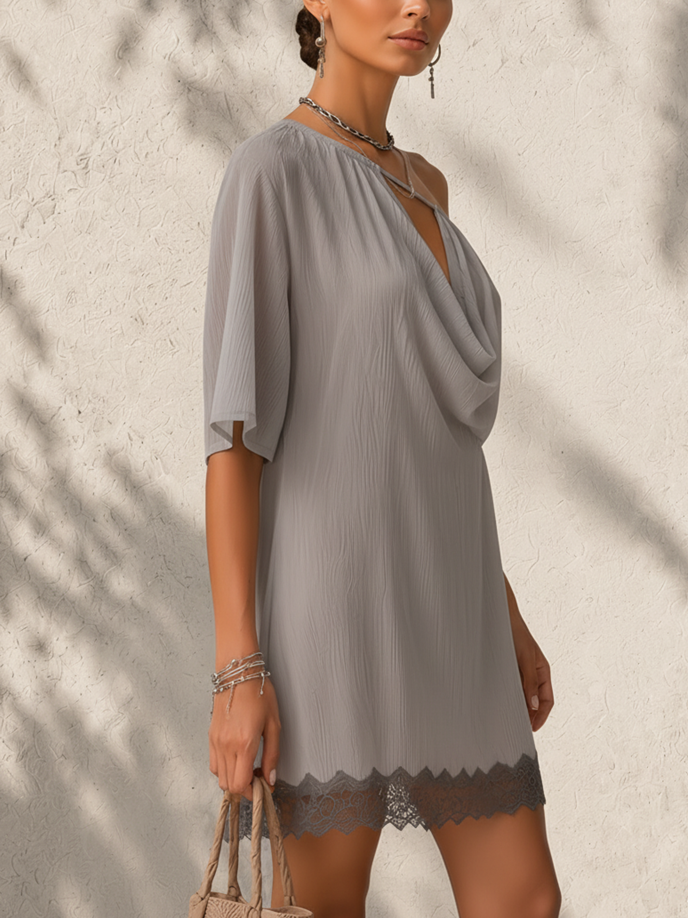 Gray Chiffon One Shoulder Cowl Neck Lace Hem Mini Dress