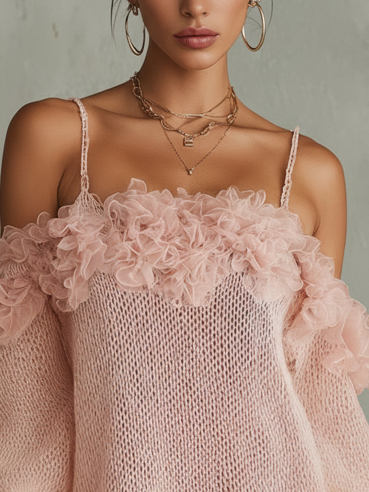 Pink Knit Off-Shoulder Mini Dress with Tulle Ruffle Detail
