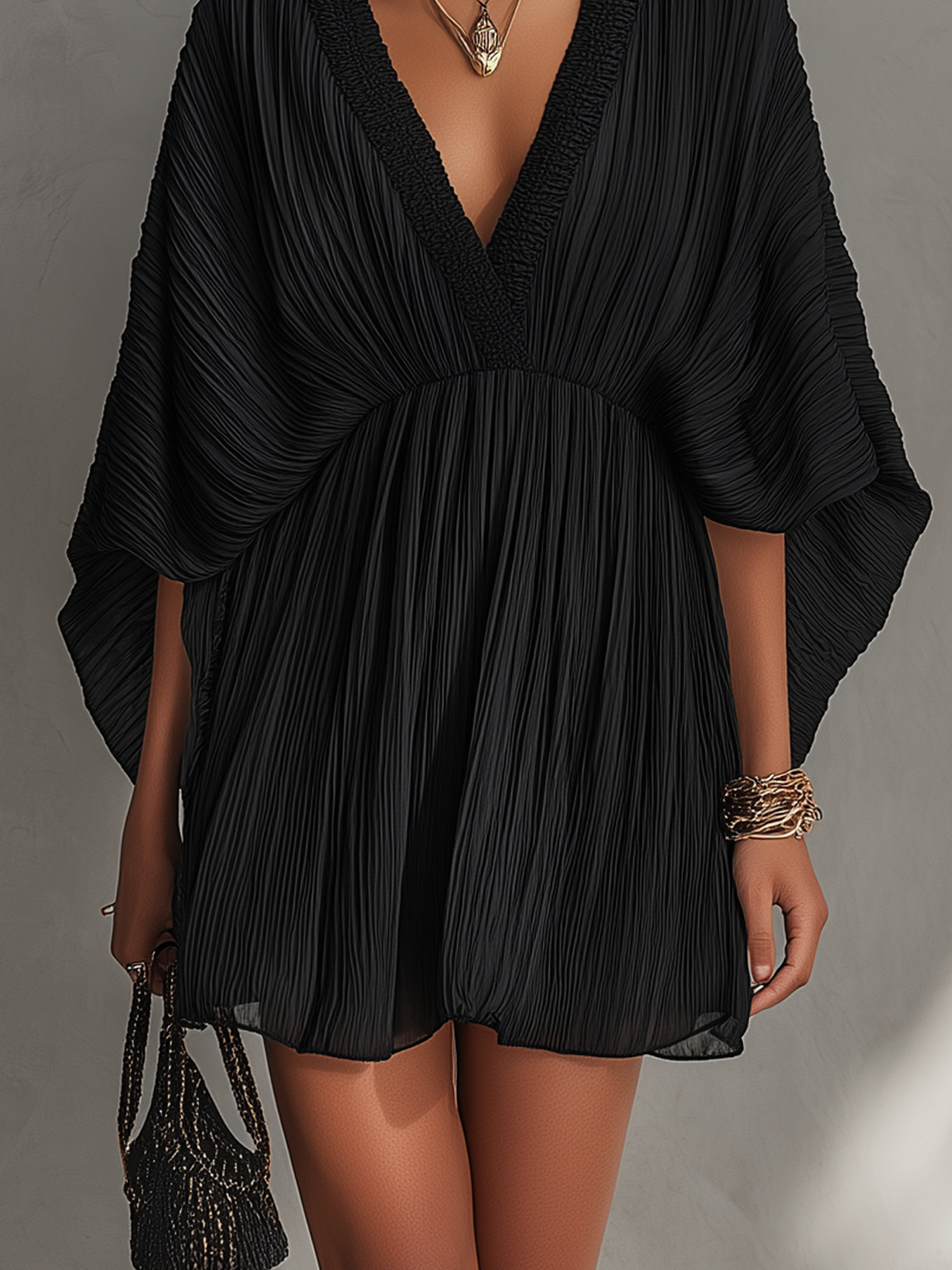 Black Textured Pleated V-Neck Mini Dress With Ribbon