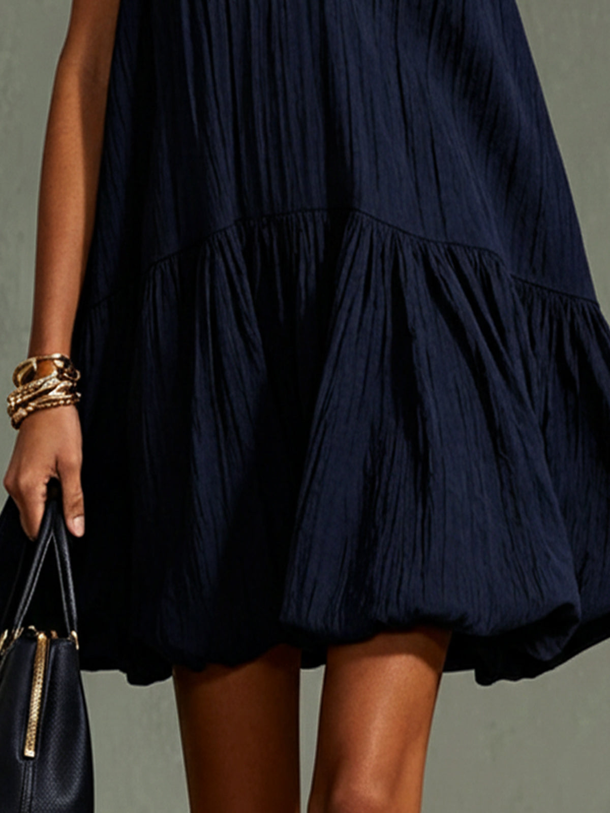 Navy Blue Sleeveless V-Neck Mini Dress With Pearl Trim Detail