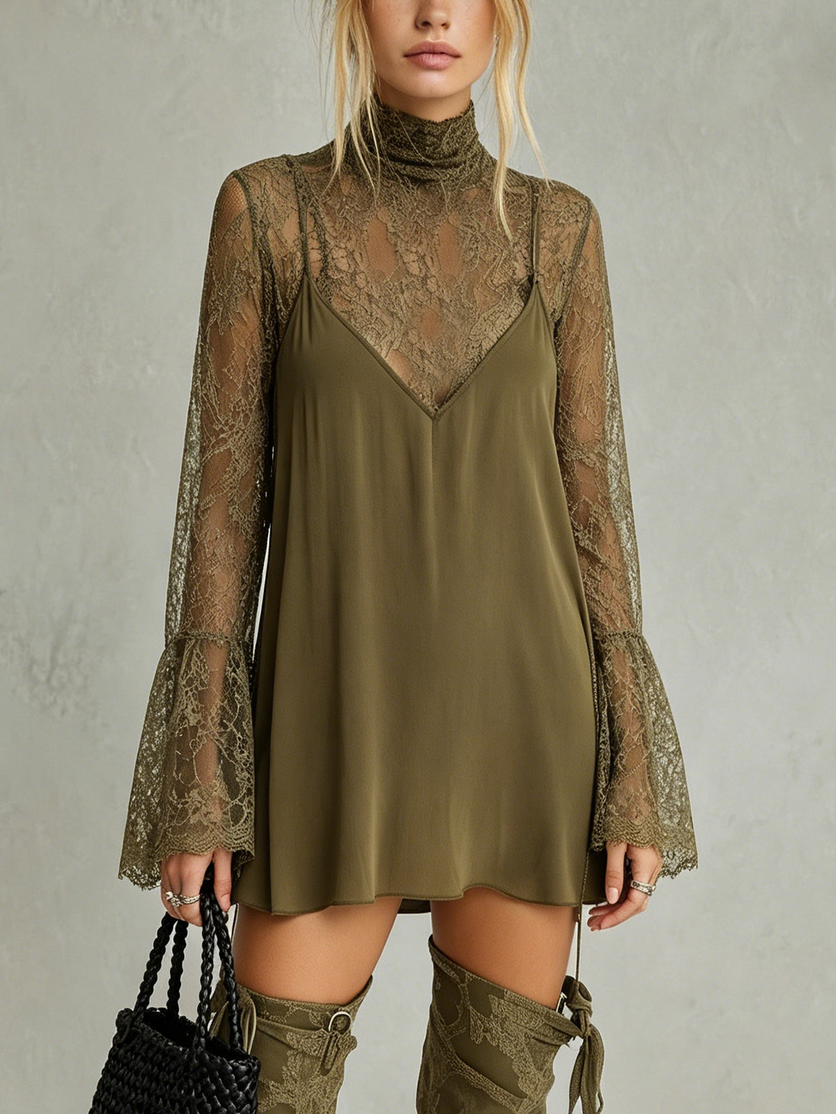 Olive Green Sheer Lace High-Neck Mini Dress With Flared Sleeves