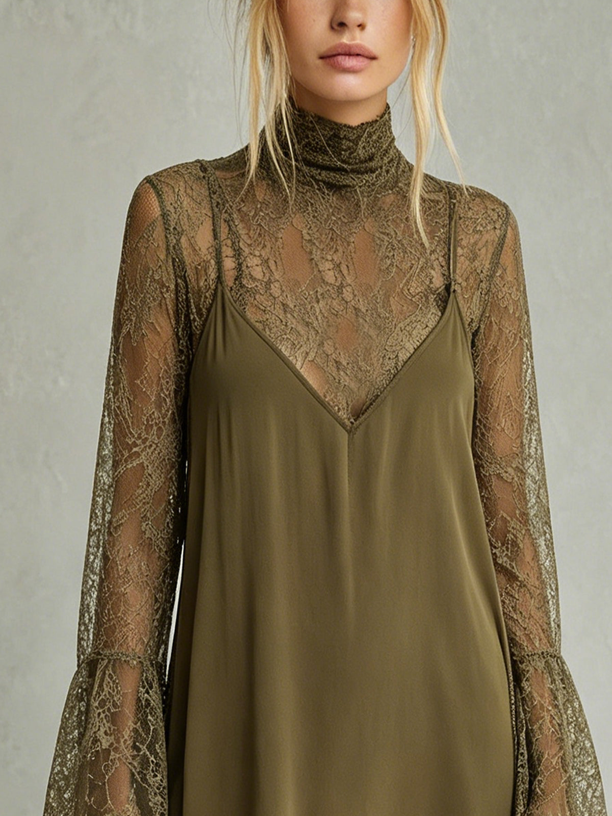 Olive Green Sheer Lace High-Neck Mini Dress With Flared Sleeves