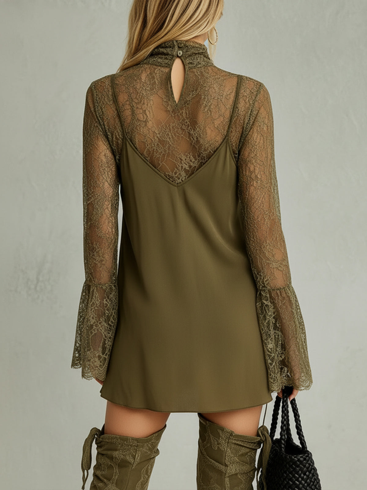 Olive Green Sheer Lace High-Neck Mini Dress With Flared Sleeves