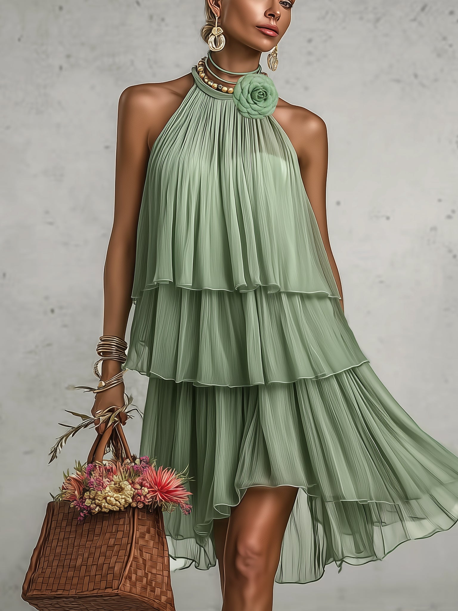 Green Chiffon Sleeveless Mini Dress With Detachable Flower