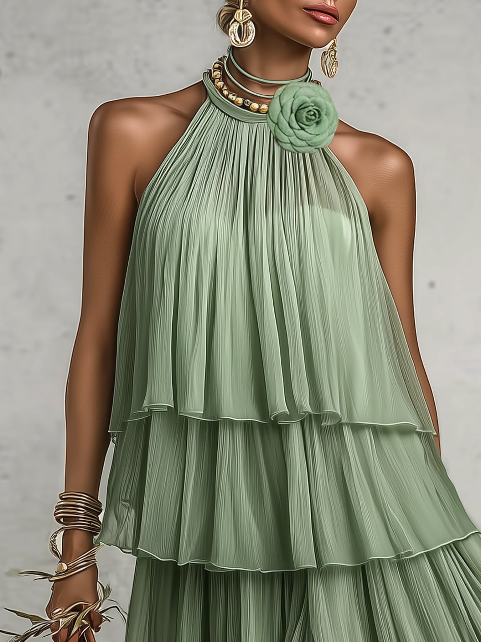 Green Chiffon Sleeveless Mini Dress With Detachable Flower