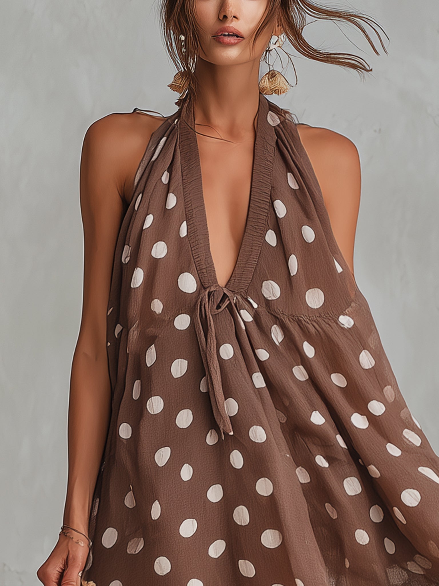 Brown Polka Dot Chiffon Tassel Mini Dress