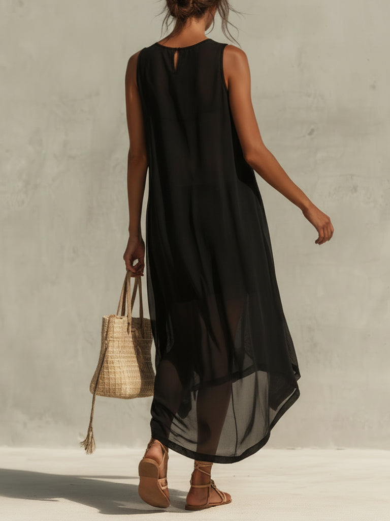 Black Deep V-Neck Chiffon Embroidered Maxi Dress