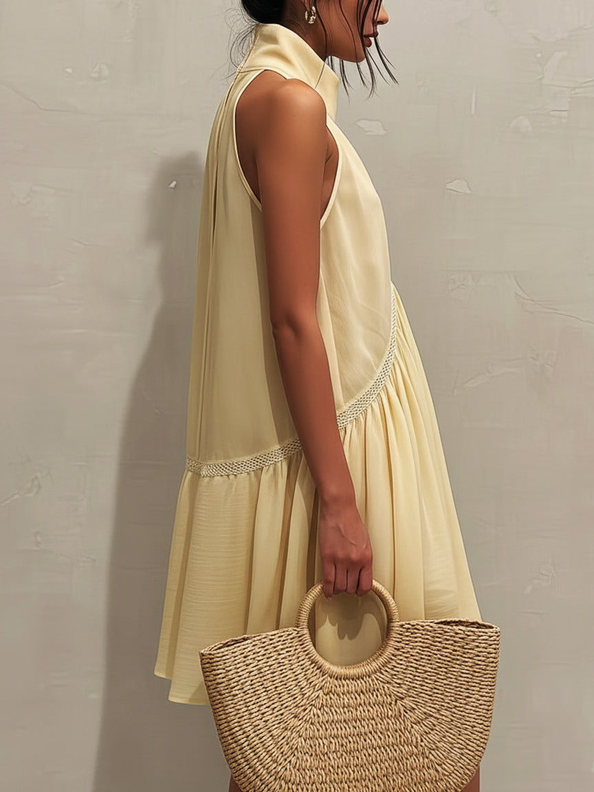 Yellow Linen Blend Deep V-Neck Sleeveless Mini Dress