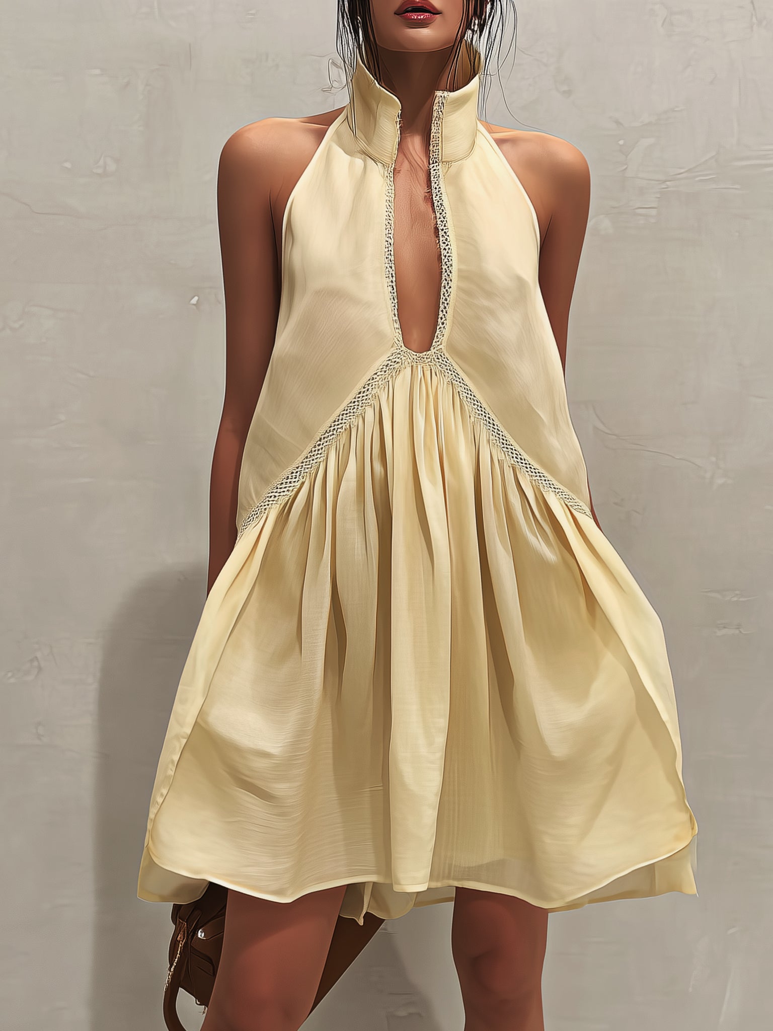 Yellow Linen Blend Deep V-Neck Sleeveless Mini Dress
