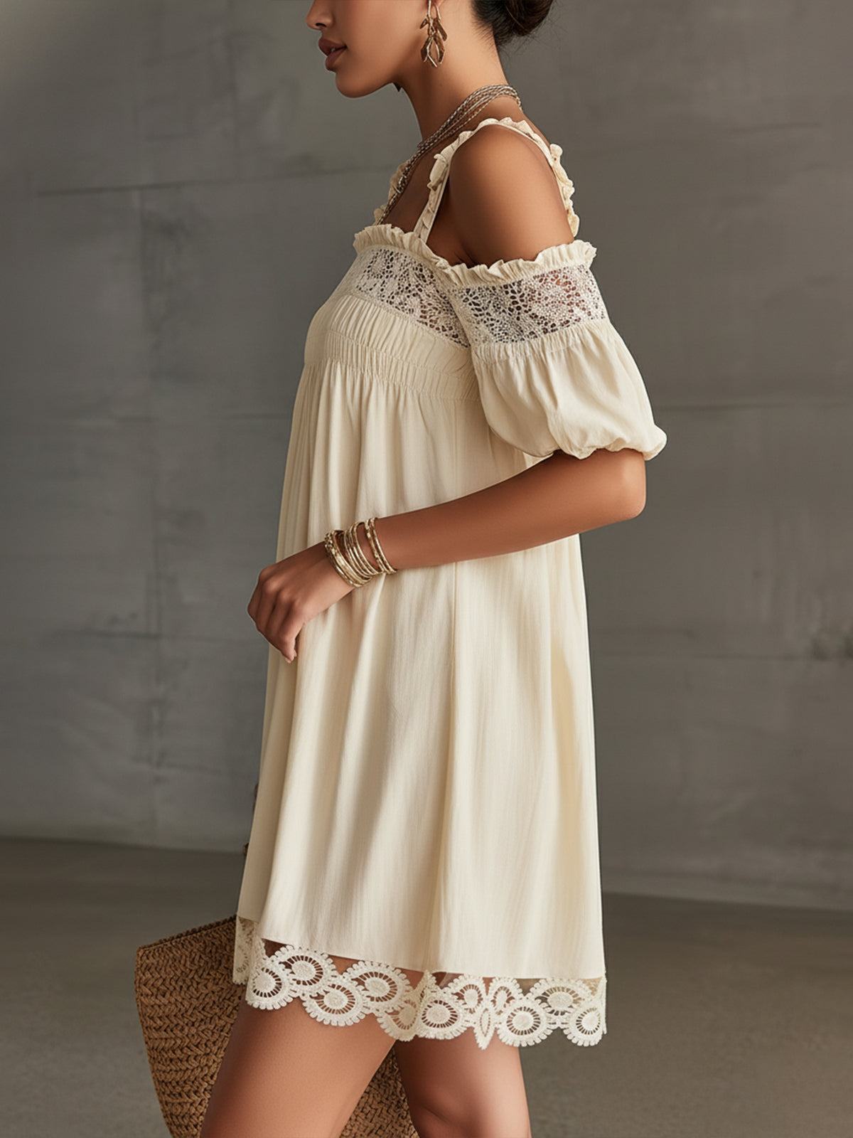 Cream Off-Shoulder Mini Dress With Crochet Lace Trim And Puff Sleeves
