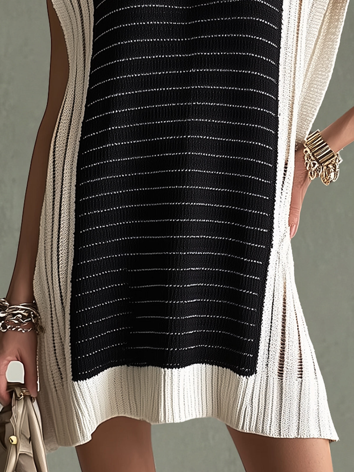 Black And White Contrast Knit Sleeveless Mini Dress